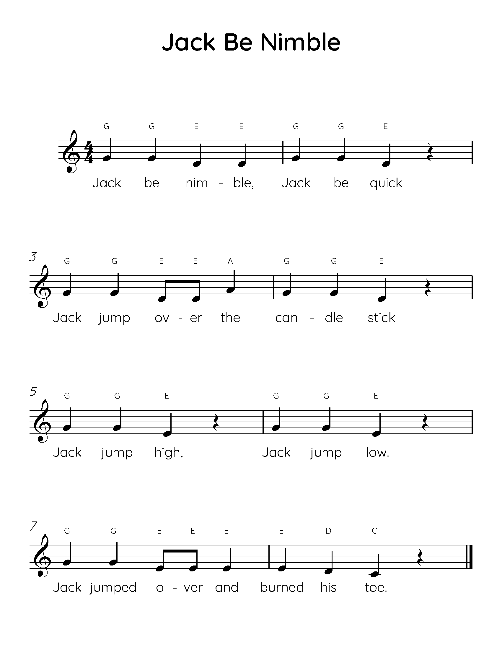 Jack Be Nimble Easy Piano Sheet Music