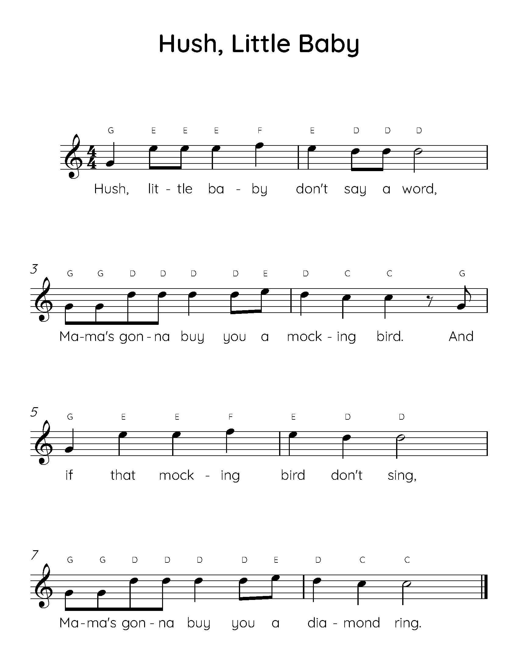 Hush Little Baby Easy Piano Sheet Music
