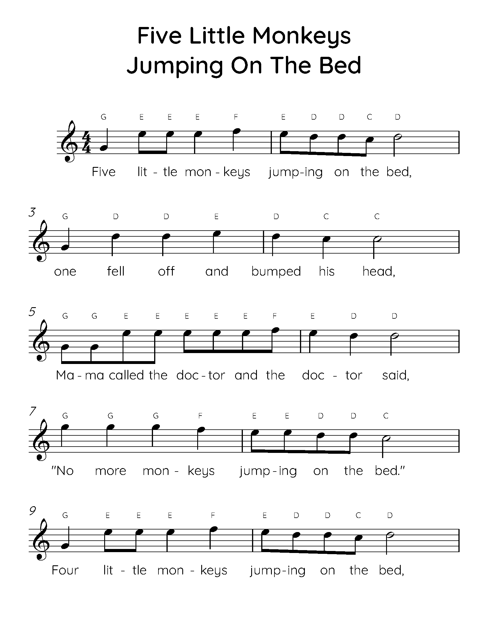 Five Little Monkeys Jumping On The Bed Easy Piano Sheet Music