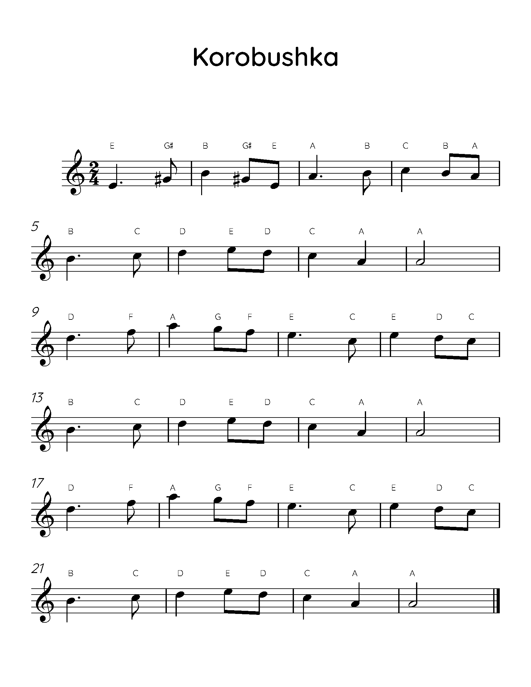 Korobushka Easy Piano Sheet Music