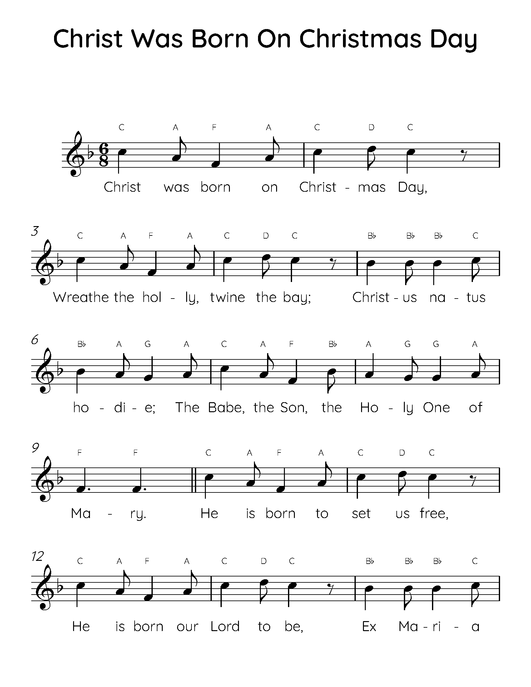 Christ Was Born On Christmas Day Easy Piano Sheet Music