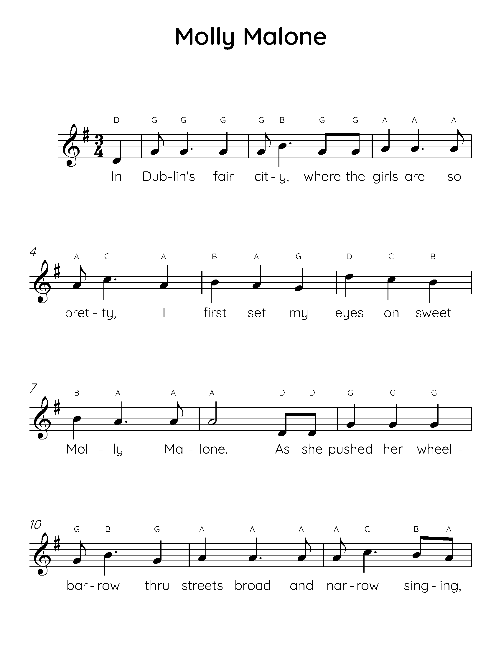 Molly Malone Easy Piano Sheet Music