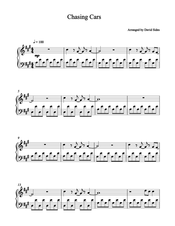 Chasing Cars Piano Sheet Music