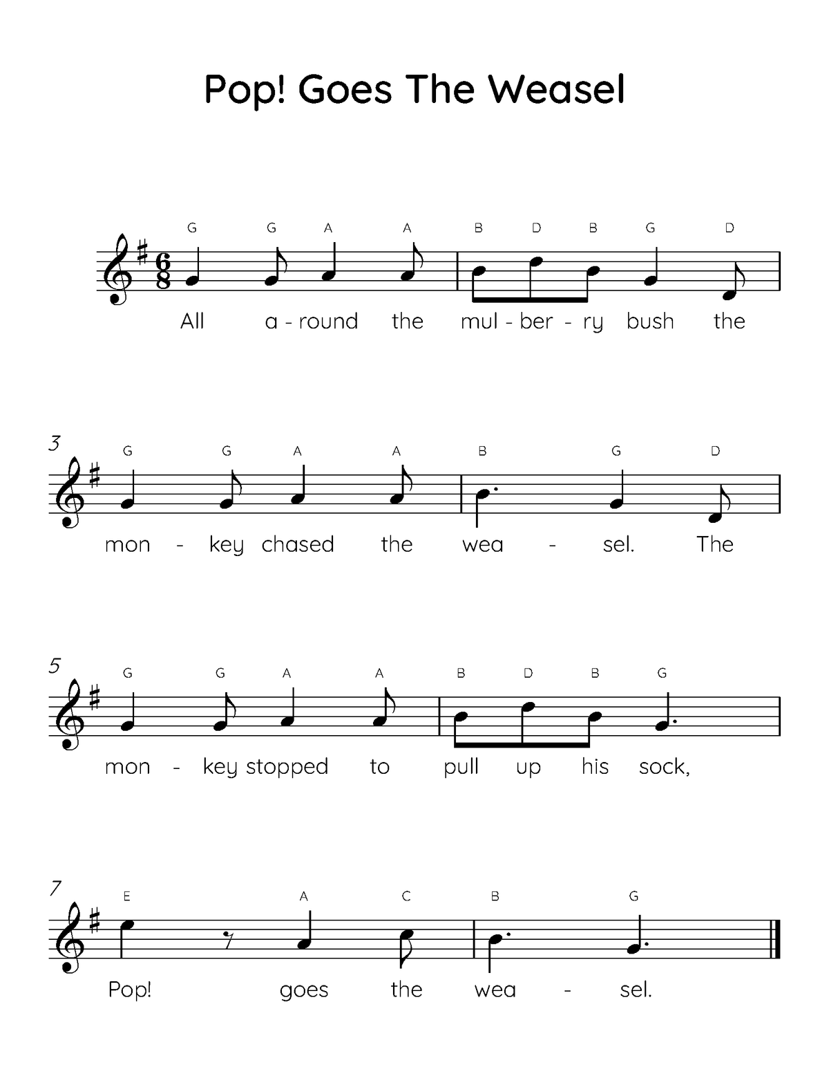 Pop Goes the Weasel Easy Piano Sheet Music