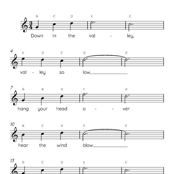 Down In The Valley Easy Piano Sheet Music