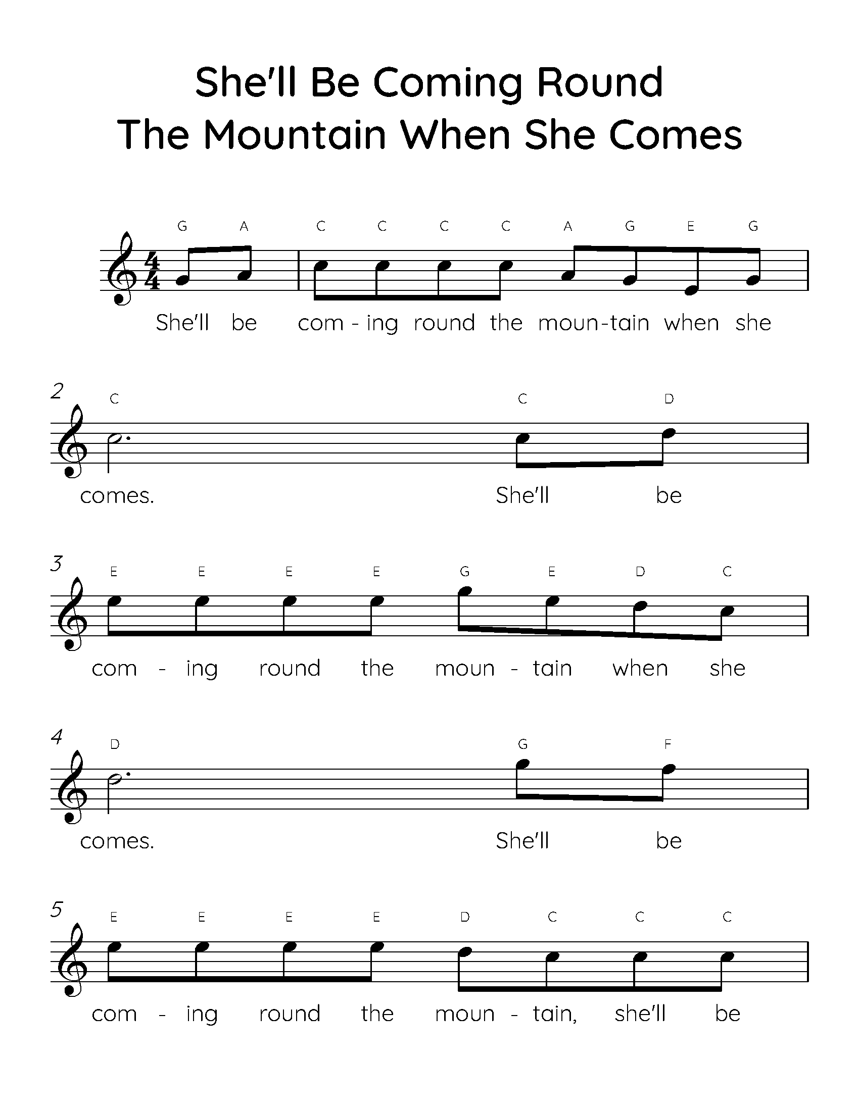 She'll Be Coming Round The Mountain When She Comes - Easy Piano Sheet Music