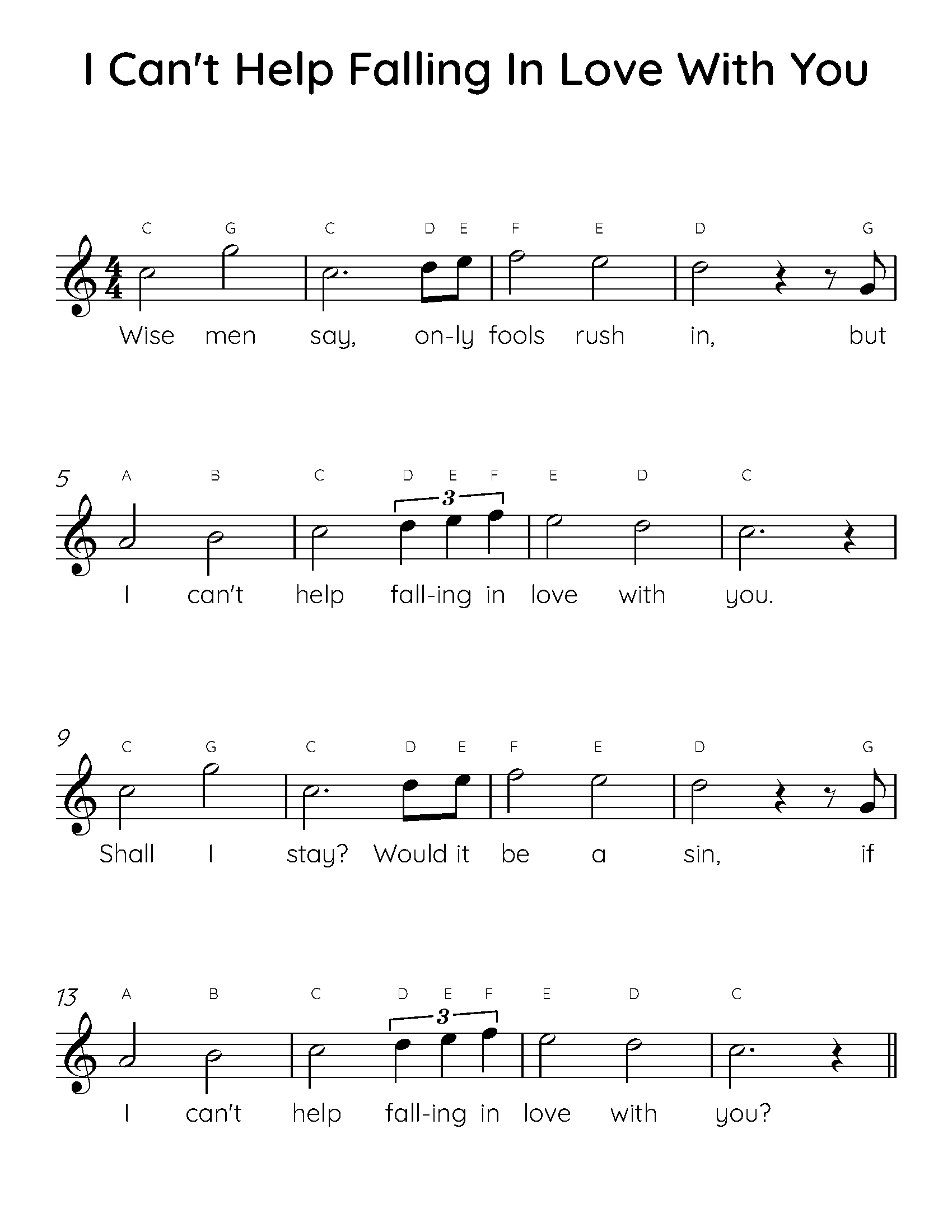 I Can't Help Falling In Love With You Easy Piano Sheet Music