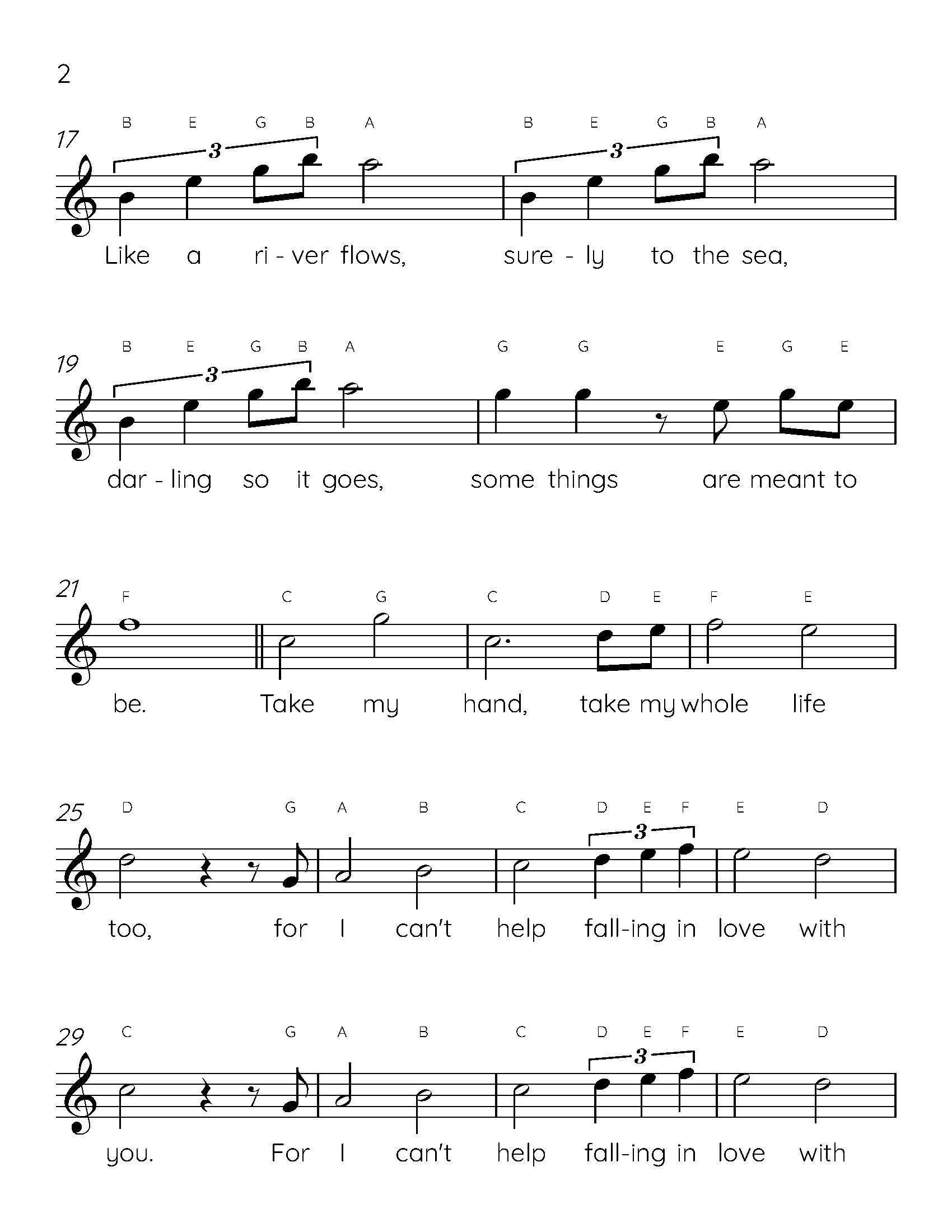 I Can't Help Falling In Love With You Easy Piano Sheet Music